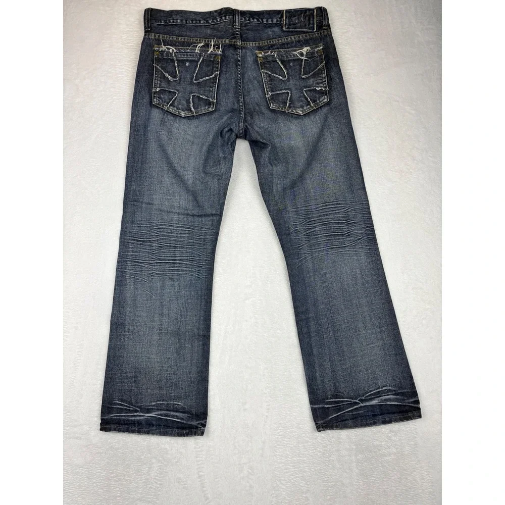 Helix Slim Mens 34x30 Bootcut Jeans Dark Wash Distress Embroidered  Cross Pocket